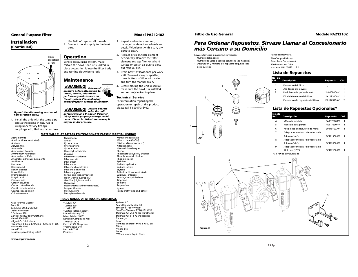 Operation, Maintenance, Installation | Campbell Hausfeld PA212102 User Manual | Page 11 / 12