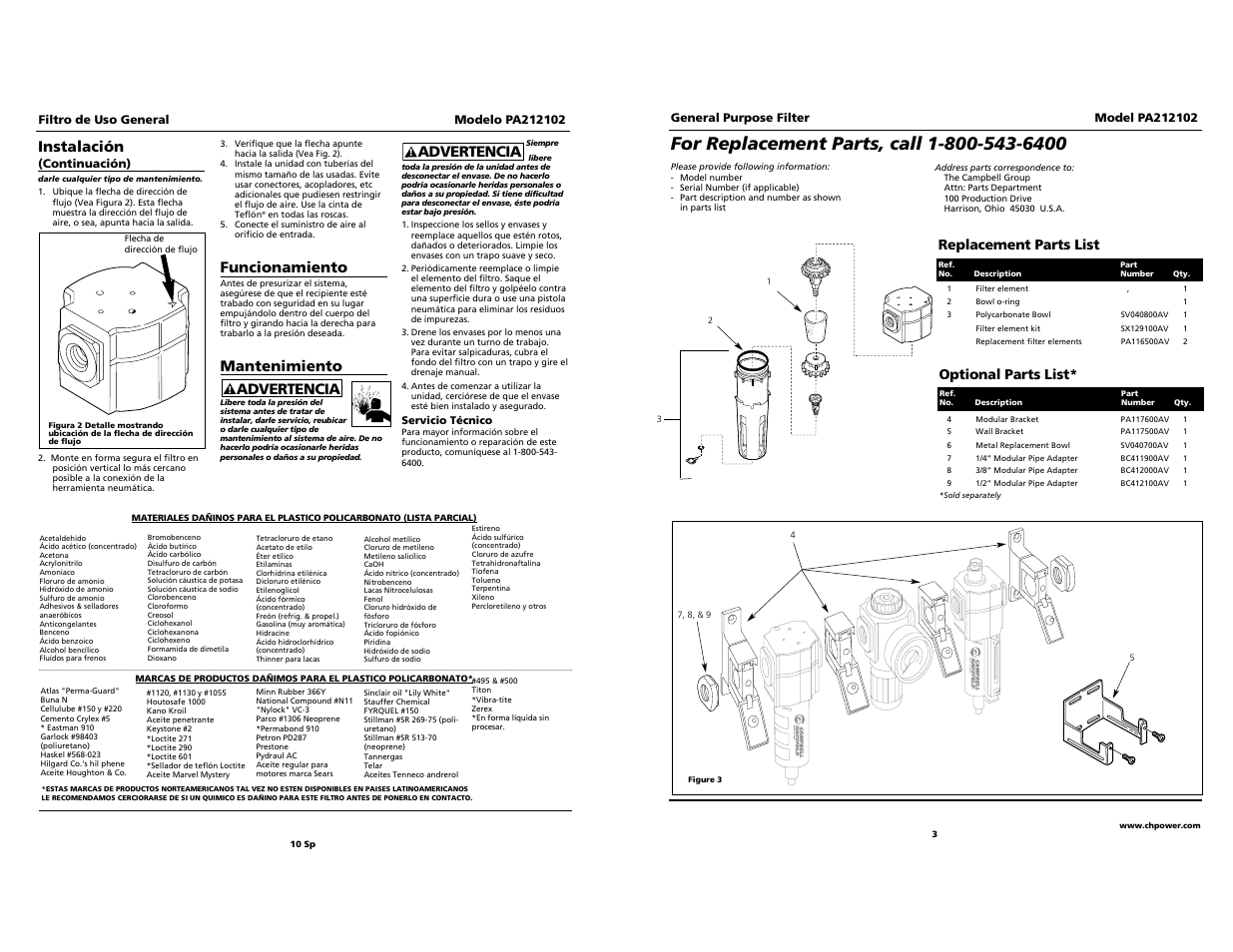 Funcionamiento, Mantenimiento, Advertencia | Advertencia instalación | Campbell Hausfeld PA212102 User Manual | Page 3 / 12