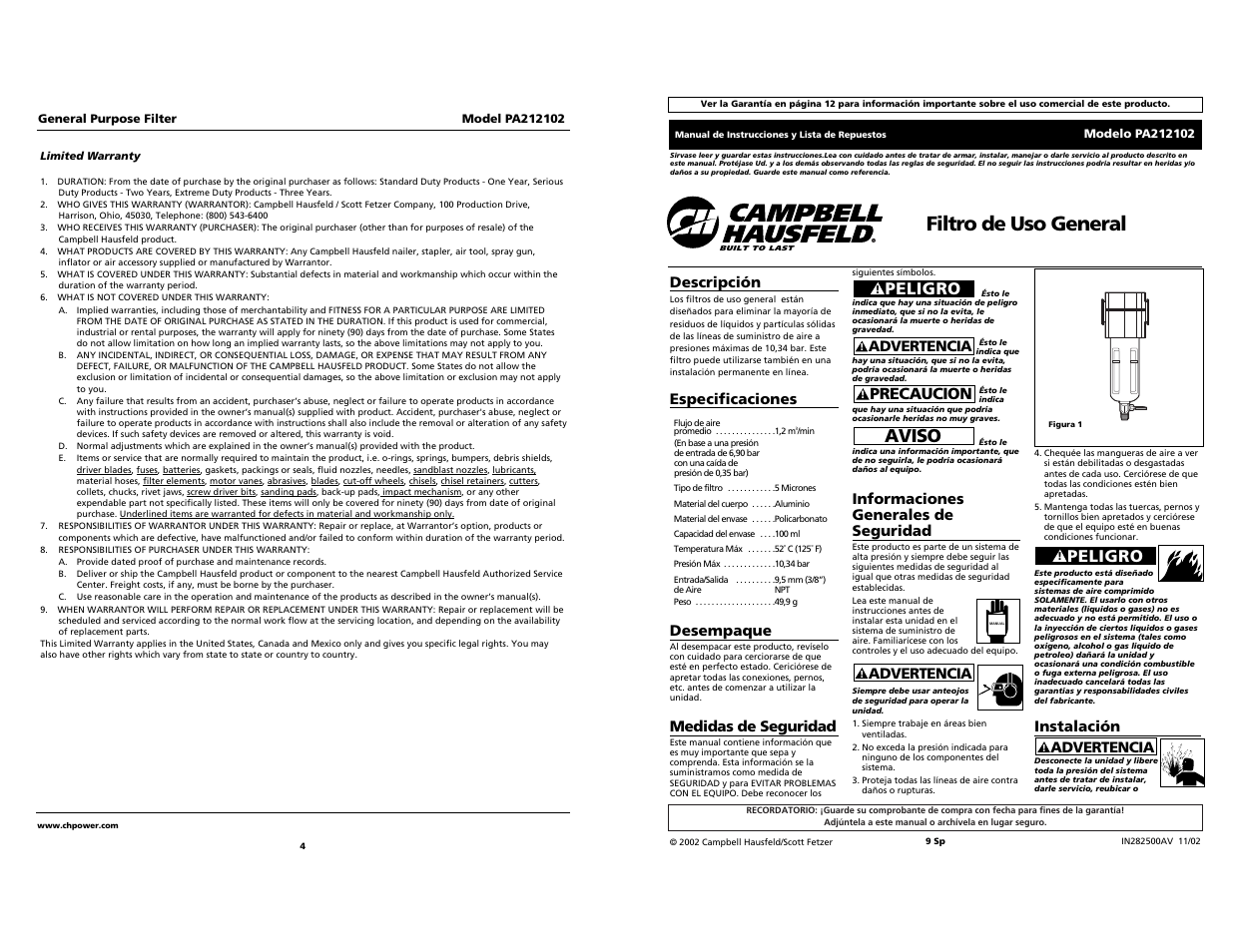 Filtro de uso general, Aviso, Peligro | Precaucion, Instalación, Advertencia, Descripción, Especificaciones, Desempaque, Medidas de seguridad | Campbell Hausfeld PA212102 User Manual | Page 4 / 12