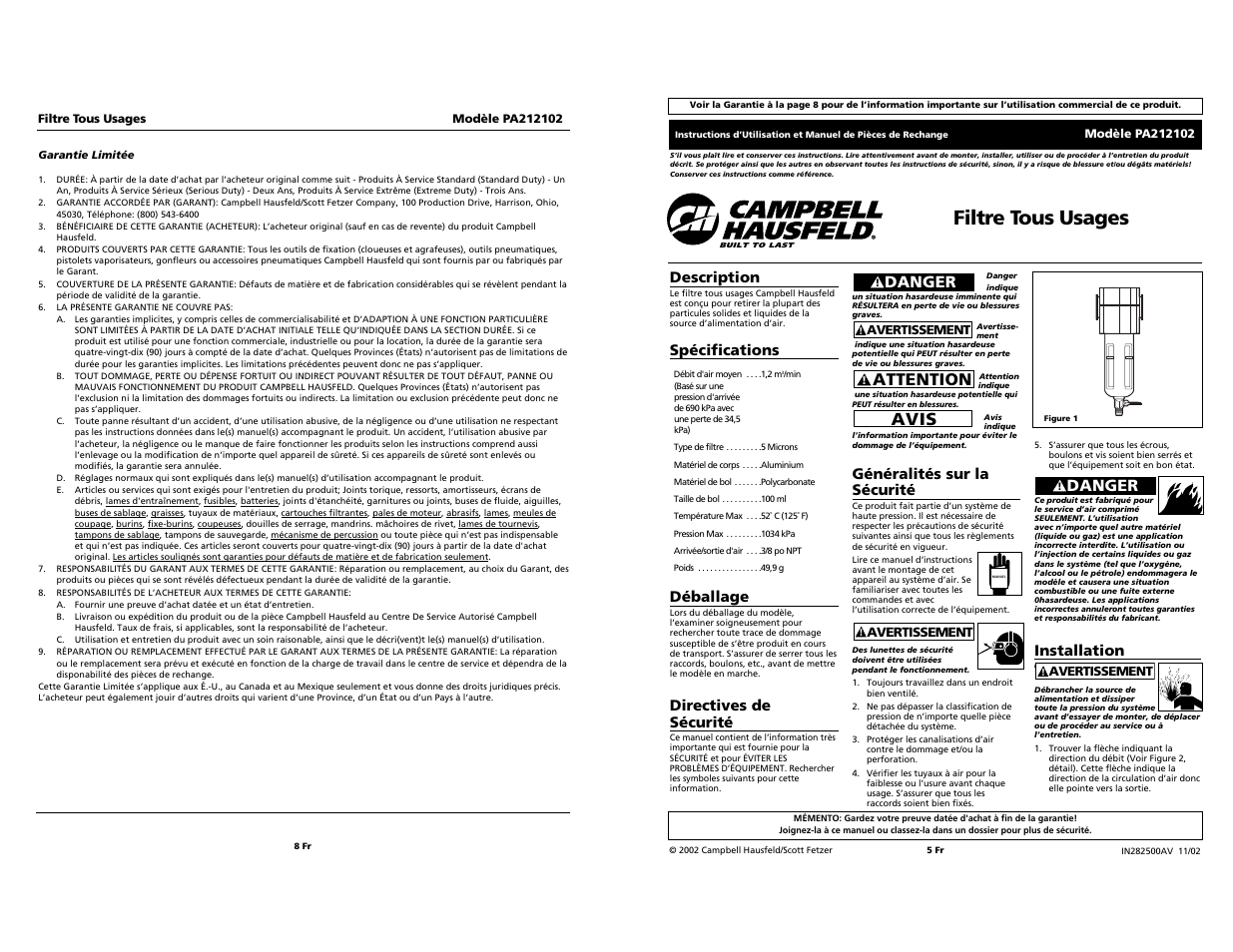 Filtre tous usages, Avis, Attention | Danger, Installation, Description, Spécifications, Déballage, Directives de sécurité, Généralités sur la sécurité | Campbell Hausfeld PA212102 User Manual | Page 8 / 12