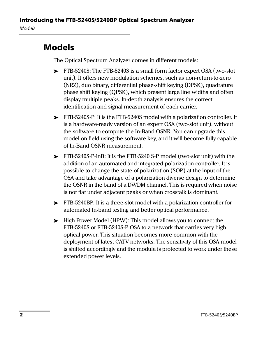 Models | EXFO FTB -5240S/5240BP Optical Spectrum Analyzer for FTB 500 (NS-1434) User Manual | Page 10 / 537