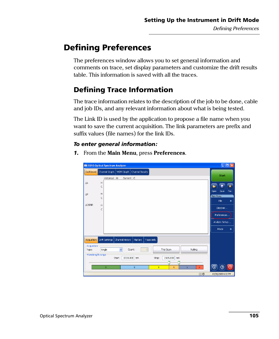 Defining preferences, Defining trace information | EXFO FTB -5240S/5240BP Optical Spectrum Analyzer for FTB 500 (NS-1434) User Manual | Page 113 / 537