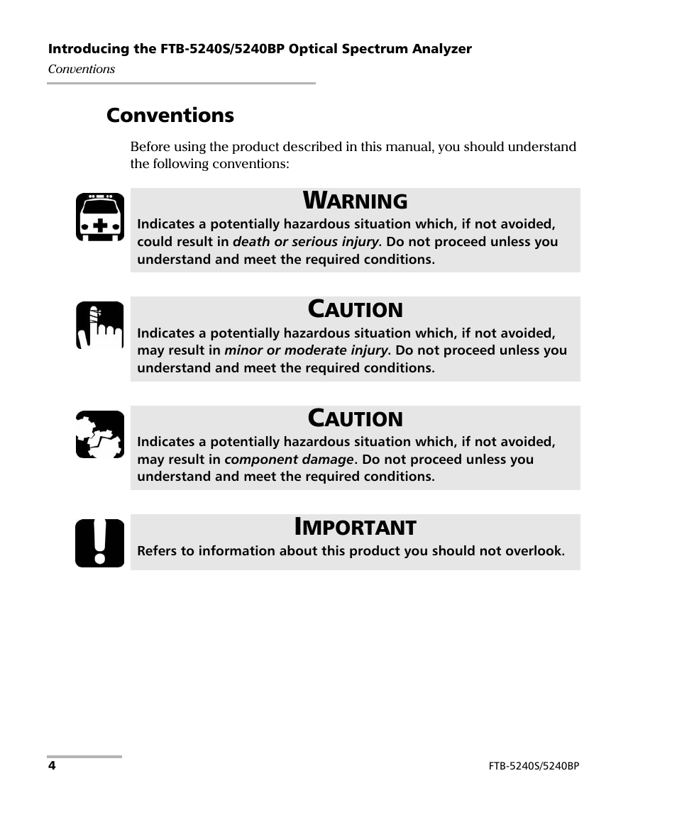 Conventions, Arning, Aution | Mportant | EXFO FTB -5240S/5240BP Optical Spectrum Analyzer for FTB 500 (NS-1434) User Manual | Page 12 / 537