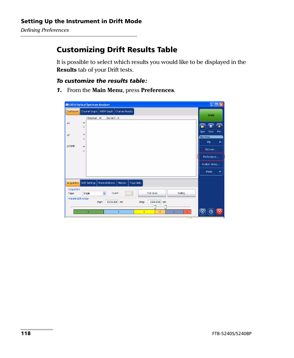 Customizing drift results table | EXFO FTB -5240S/5240BP Optical Spectrum Analyzer for FTB 500 (NS-1434) User Manual | Page 126 / 537