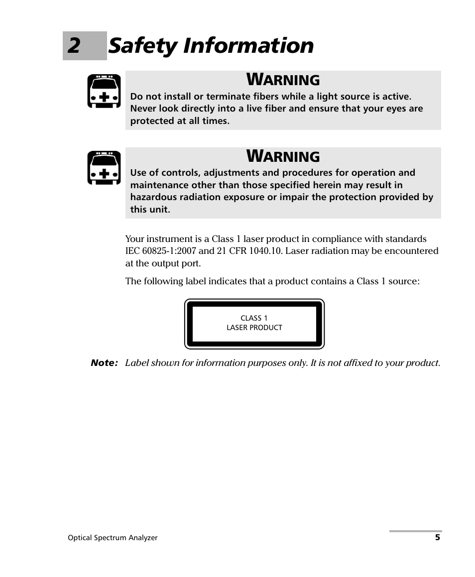 2 safety information, 2safety information, Arning | EXFO FTB -5240S/5240BP Optical Spectrum Analyzer for FTB 500 (NS-1434) User Manual | Page 13 / 537