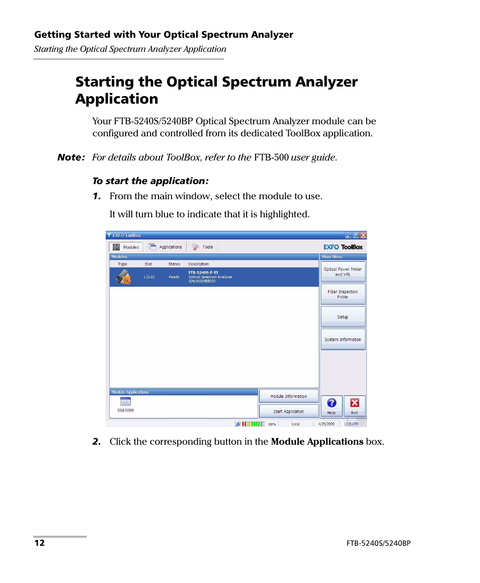 Starting the optical spectrum analyzer application | EXFO FTB -5240S/5240BP Optical Spectrum Analyzer for FTB 500 (NS-1434) User Manual | Page 20 / 537