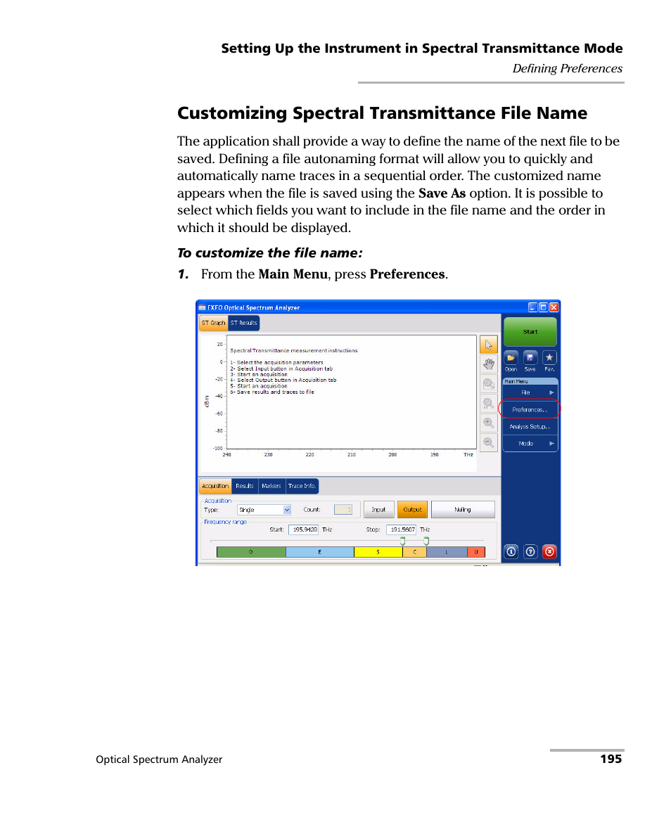 Customizing spectral transmittance file name | EXFO FTB -5240S/5240BP Optical Spectrum Analyzer for FTB 500 (NS-1434) User Manual | Page 203 / 537