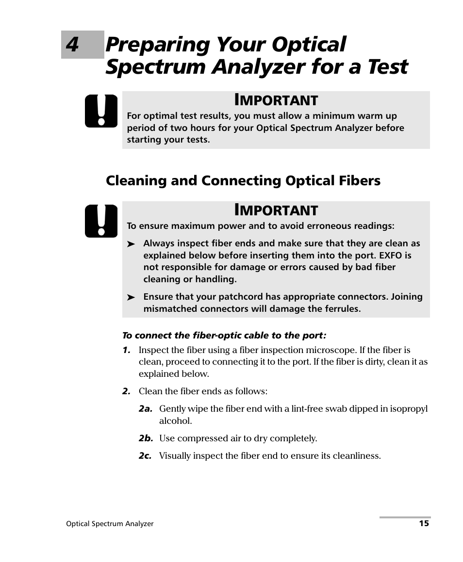 Cleaning and connecting optical fibers, Mportant | EXFO FTB -5240S/5240BP Optical Spectrum Analyzer for FTB 500 (NS-1434) User Manual | Page 23 / 537