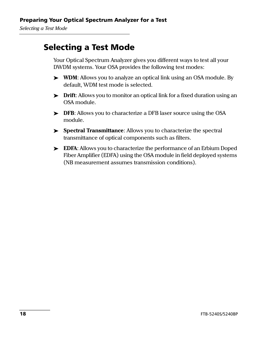 Selecting a test mode | EXFO FTB -5240S/5240BP Optical Spectrum Analyzer for FTB 500 (NS-1434) User Manual | Page 26 / 537