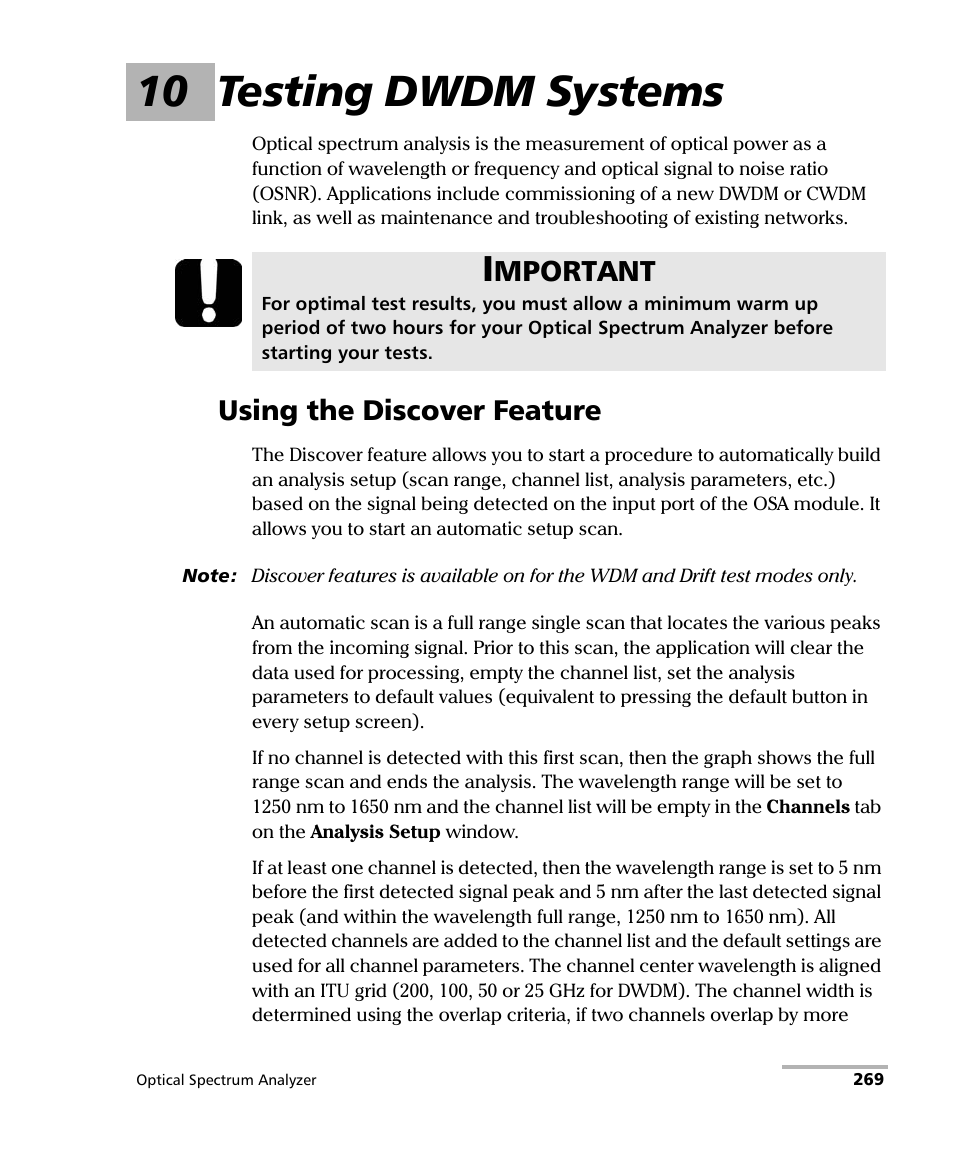 10 testing dwdm systems, Using the discover feature, Mportant | EXFO FTB -5240S/5240BP Optical Spectrum Analyzer for FTB 500 (NS-1434) User Manual | Page 277 / 537