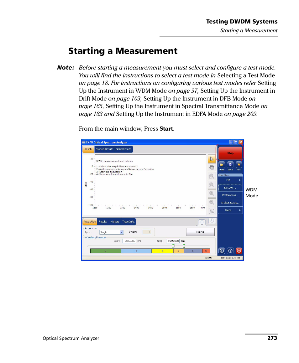 Starting a measurement | EXFO FTB -5240S/5240BP Optical Spectrum Analyzer for FTB 500 (NS-1434) User Manual | Page 281 / 537
