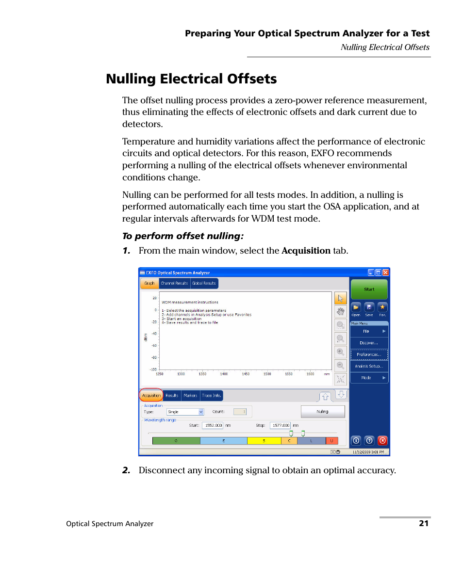 Nulling electrical offsets | EXFO FTB -5240S/5240BP Optical Spectrum Analyzer for FTB 500 (NS-1434) User Manual | Page 29 / 537
