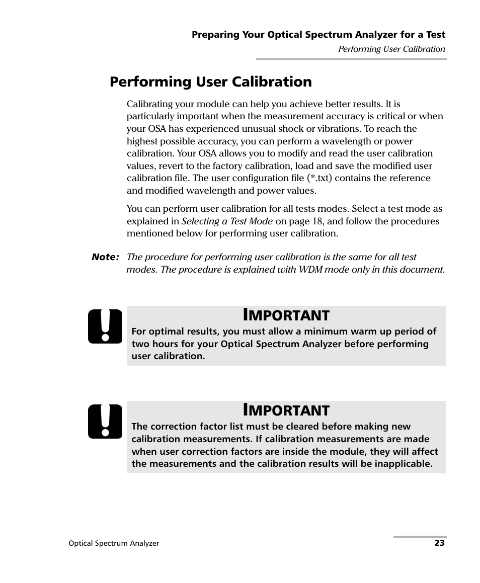 Performing user calibration, Mportant | EXFO FTB -5240S/5240BP Optical Spectrum Analyzer for FTB 500 (NS-1434) User Manual | Page 31 / 537