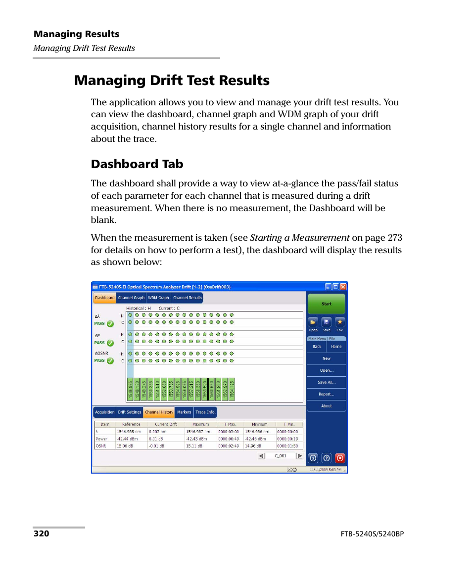 Managing drift test results, Dashboard tab | EXFO FTB -5240S/5240BP Optical Spectrum Analyzer for FTB 500 (NS-1434) User Manual | Page 328 / 537