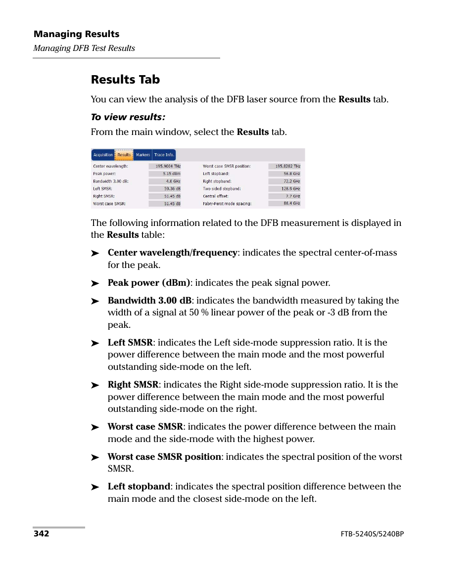 Results tab | EXFO FTB -5240S/5240BP Optical Spectrum Analyzer for FTB 500 (NS-1434) User Manual | Page 350 / 537