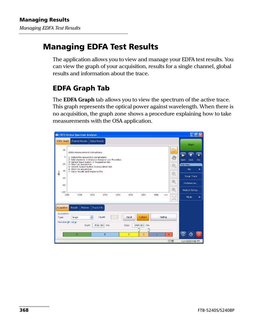 Managing edfa test results, Edfa graph tab | EXFO FTB -5240S/5240BP Optical Spectrum Analyzer for FTB 500 (NS-1434) User Manual | Page 376 / 537