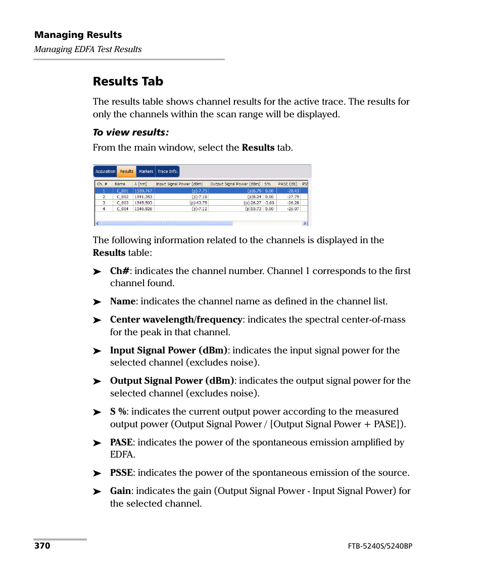 Results tab | EXFO FTB -5240S/5240BP Optical Spectrum Analyzer for FTB 500 (NS-1434) User Manual | Page 378 / 537