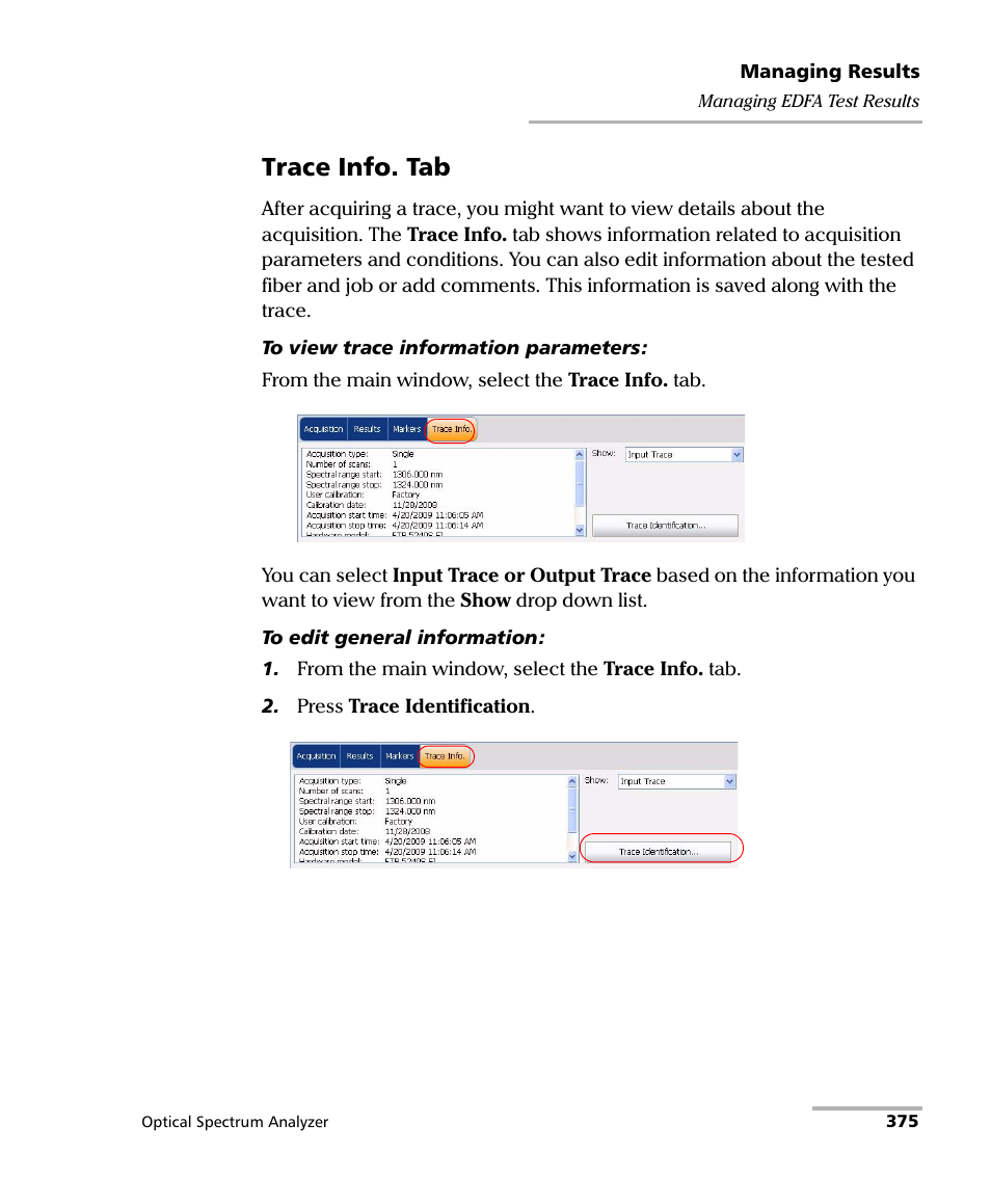 Trace info. tab | EXFO FTB -5240S/5240BP Optical Spectrum Analyzer for FTB 500 (NS-1434) User Manual | Page 383 / 537