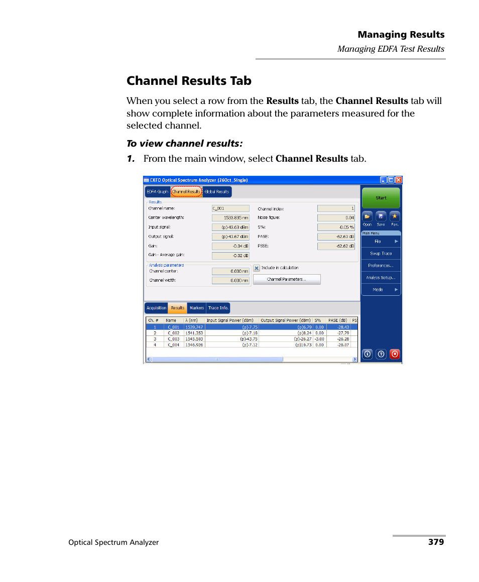 Channel results tab | EXFO FTB -5240S/5240BP Optical Spectrum Analyzer for FTB 500 (NS-1434) User Manual | Page 387 / 537