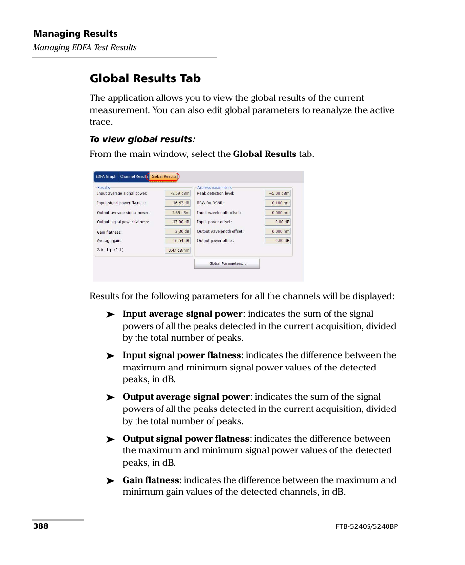 Global results tab | EXFO FTB -5240S/5240BP Optical Spectrum Analyzer for FTB 500 (NS-1434) User Manual | Page 396 / 537