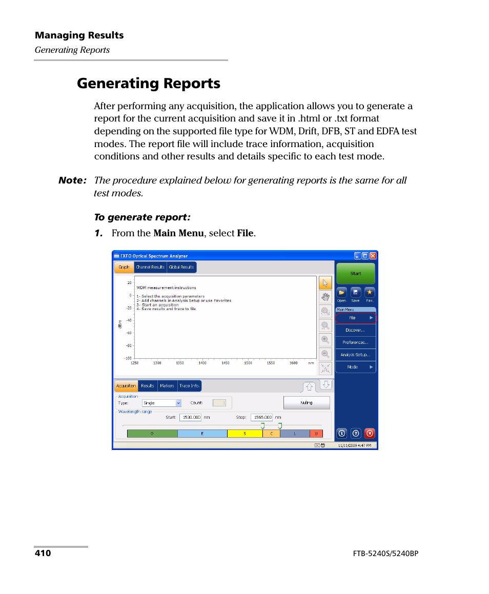 Generating reports | EXFO FTB -5240S/5240BP Optical Spectrum Analyzer for FTB 500 (NS-1434) User Manual | Page 418 / 537