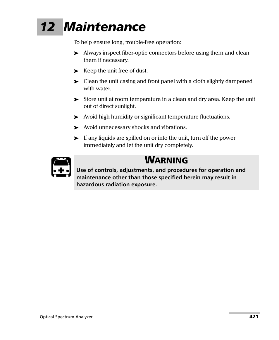 12 maintenance, Arning | EXFO FTB -5240S/5240BP Optical Spectrum Analyzer for FTB 500 (NS-1434) User Manual | Page 429 / 537