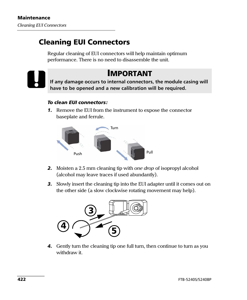 Cleaning eui connectors, Mportant | EXFO FTB -5240S/5240BP Optical Spectrum Analyzer for FTB 500 (NS-1434) User Manual | Page 430 / 537