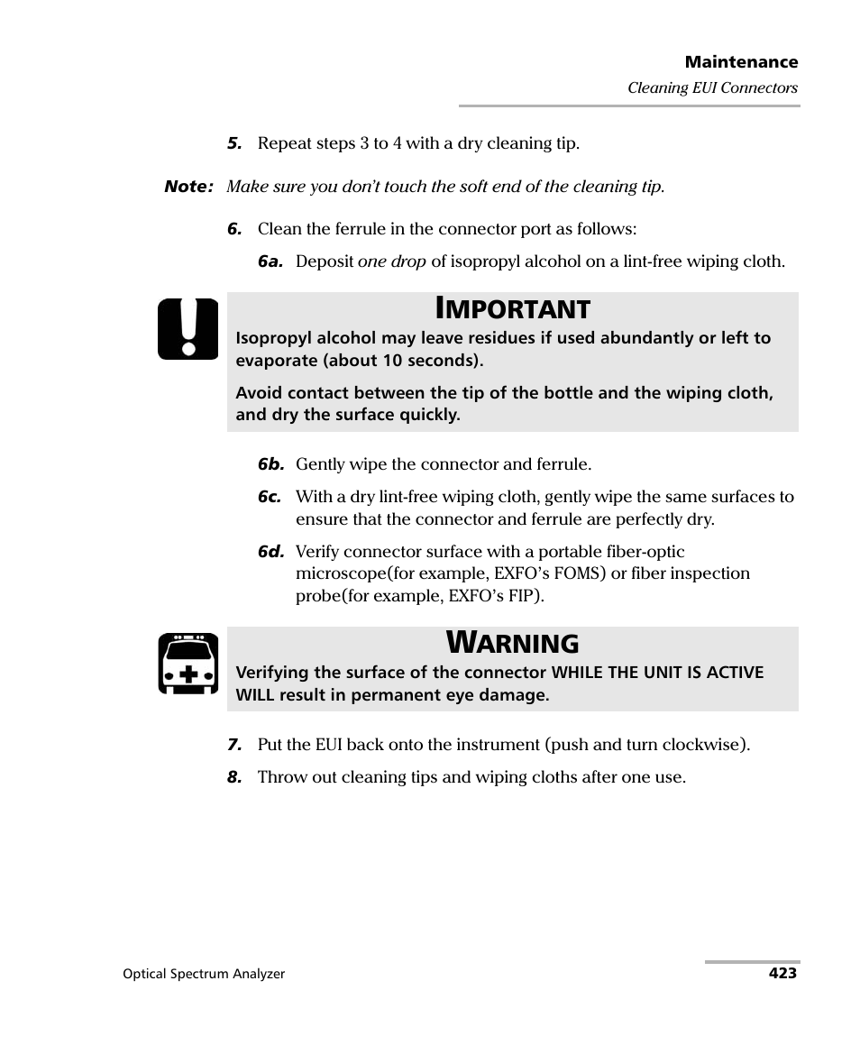 Mportant, Arning | EXFO FTB -5240S/5240BP Optical Spectrum Analyzer for FTB 500 (NS-1434) User Manual | Page 431 / 537