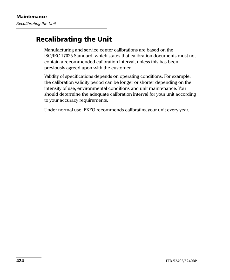 Recalibrating the unit | EXFO FTB -5240S/5240BP Optical Spectrum Analyzer for FTB 500 (NS-1434) User Manual | Page 432 / 537