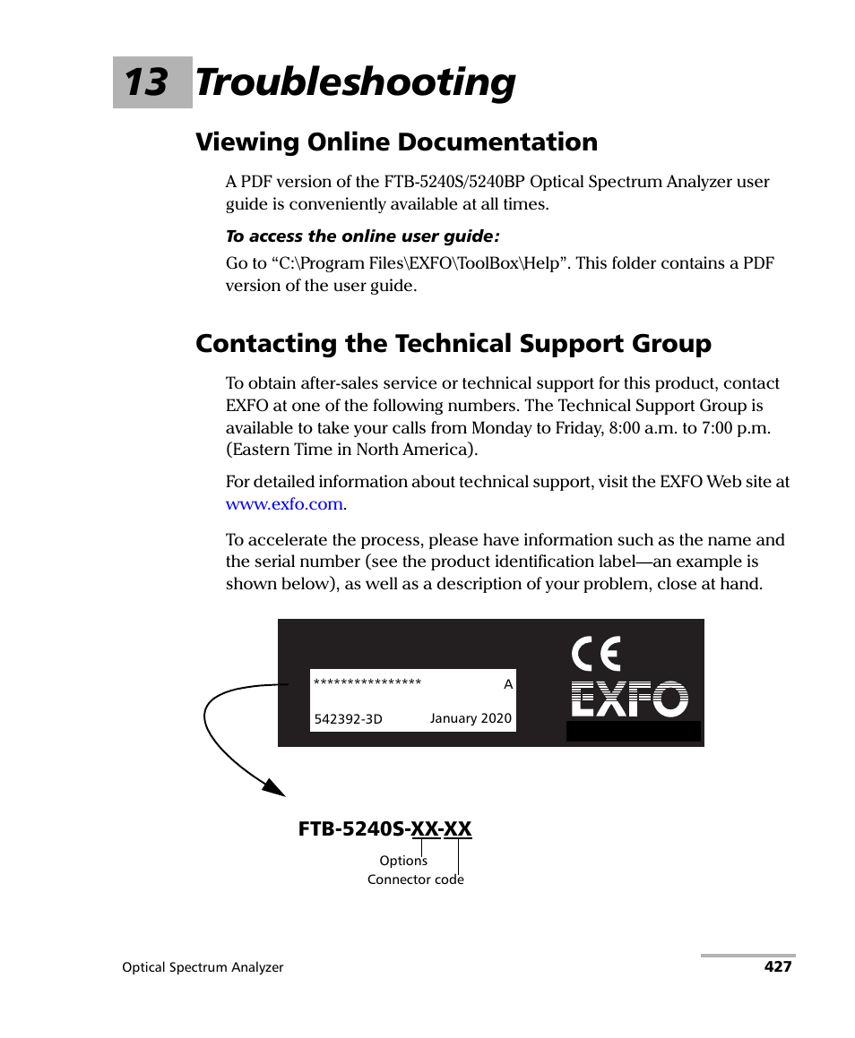 13 troubleshooting, Viewing online documentation, Contacting the technical support group | Ftb-5240s-xx-xx | EXFO FTB -5240S/5240BP Optical Spectrum Analyzer for FTB 500 (NS-1434) User Manual | Page 435 / 537