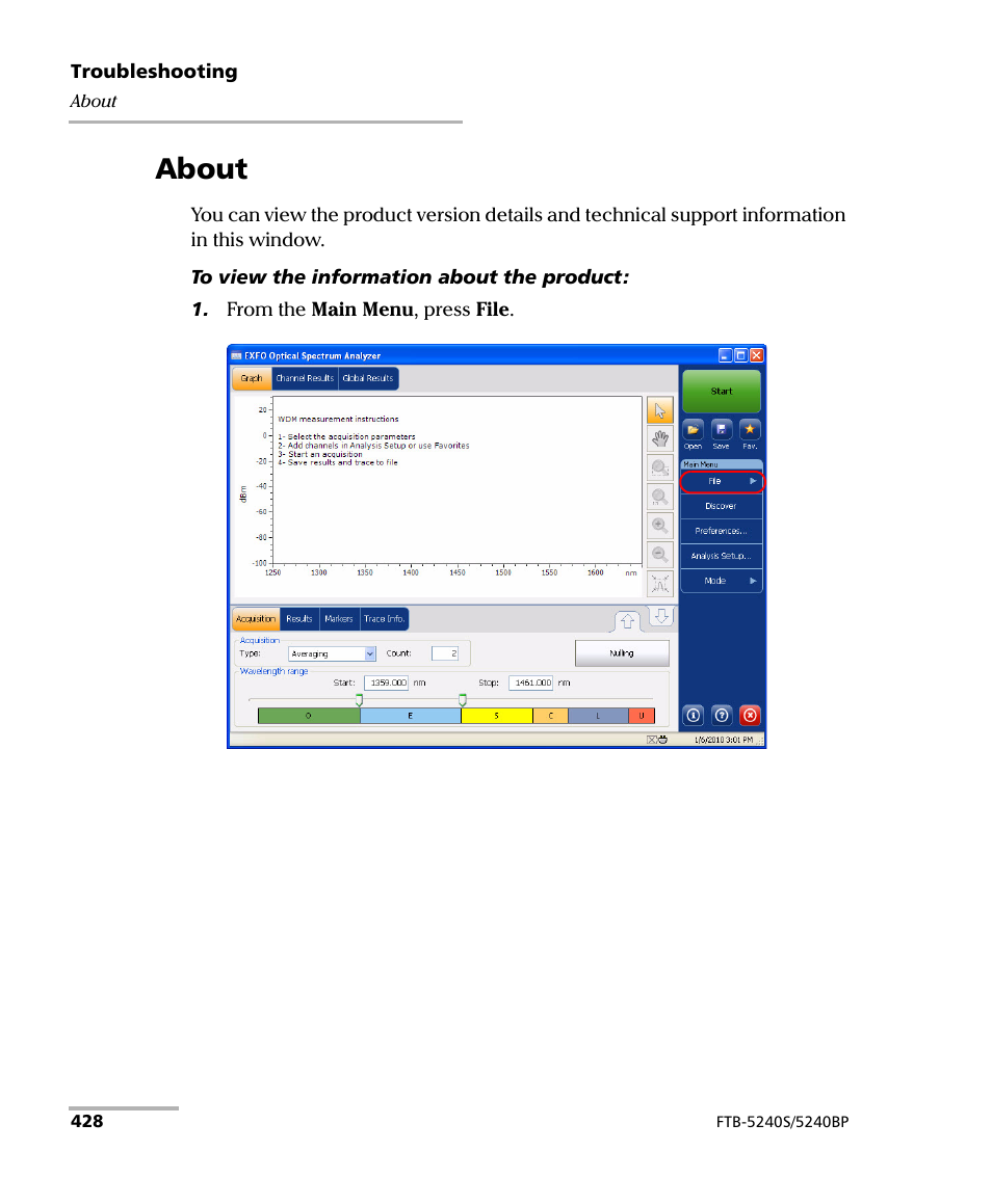 About | EXFO FTB -5240S/5240BP Optical Spectrum Analyzer for FTB 500 (NS-1434) User Manual | Page 436 / 537