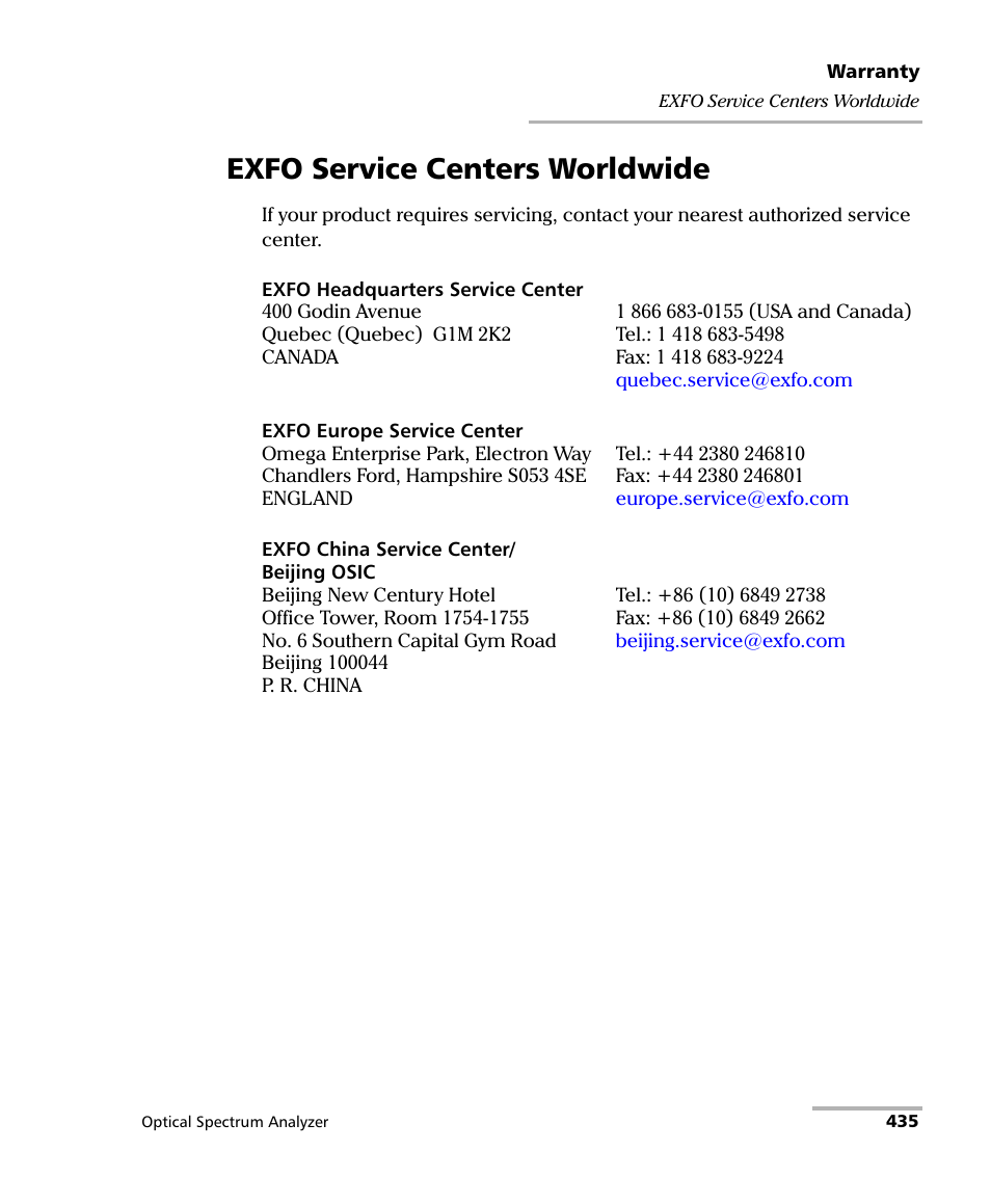 Exfo service centers worldwide | EXFO FTB -5240S/5240BP Optical Spectrum Analyzer for FTB 500 (NS-1434) User Manual | Page 443 / 537