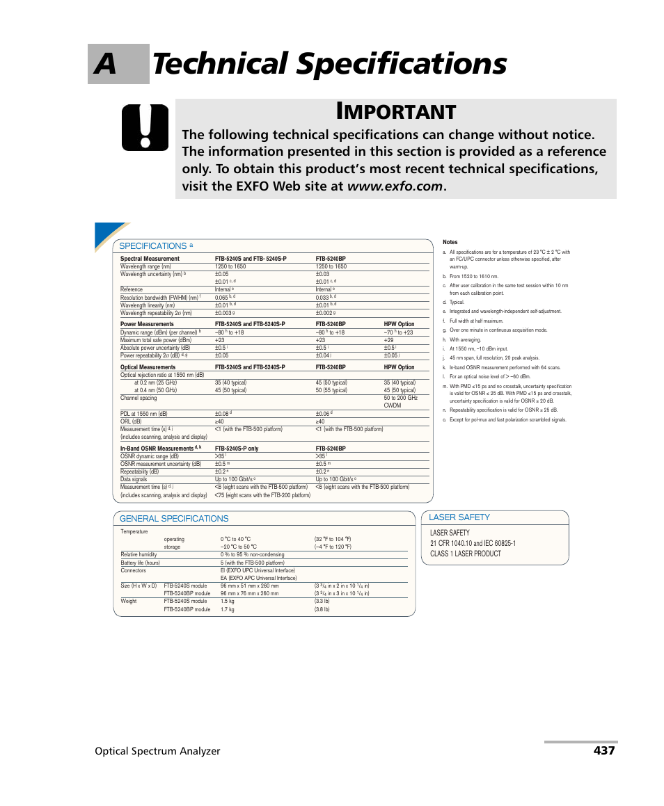 A technical specifications, Mportant, Optical spectrum analyzer | EXFO FTB -5240S/5240BP Optical Spectrum Analyzer for FTB 500 (NS-1434) User Manual | Page 445 / 537