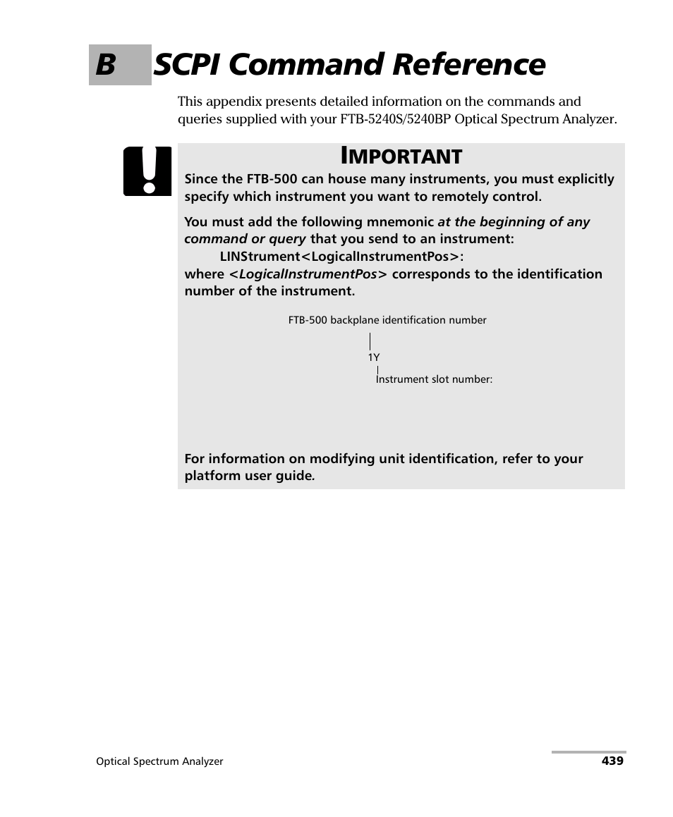 B scpi command reference, Mportant | EXFO FTB -5240S/5240BP Optical Spectrum Analyzer for FTB 500 (NS-1434) User Manual | Page 447 / 537