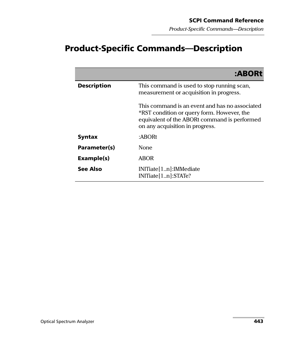 Product-specific commands-description, Product-specific commands—description, Abort | EXFO FTB -5240S/5240BP Optical Spectrum Analyzer for FTB 500 (NS-1434) User Manual | Page 451 / 537