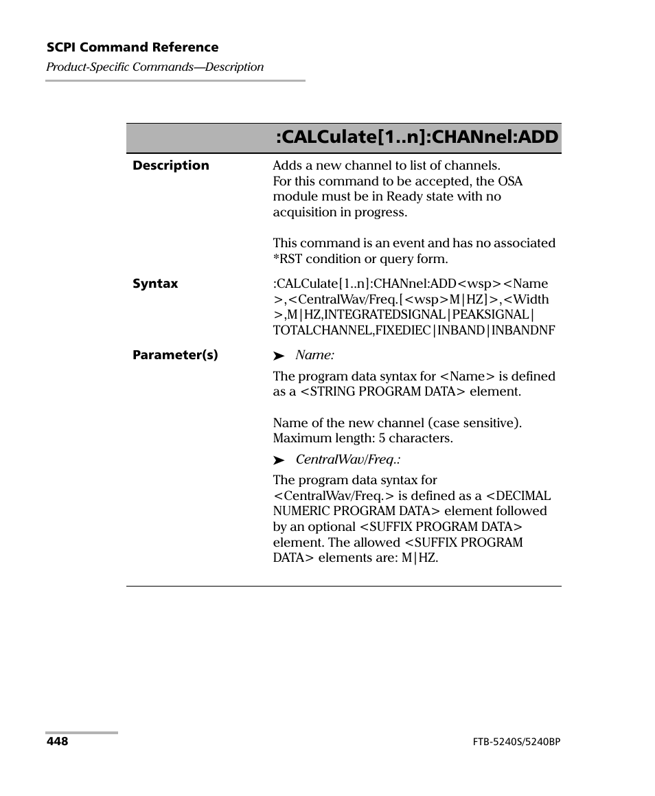 Calculate[1..n]:channel:add | EXFO FTB -5240S/5240BP Optical Spectrum Analyzer for FTB 500 (NS-1434) User Manual | Page 456 / 537