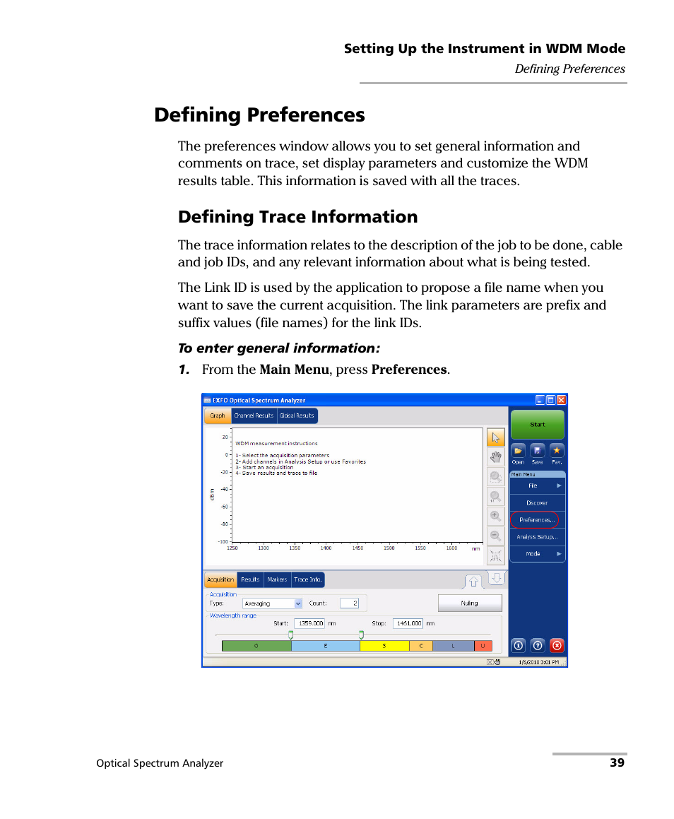 Defining preferences, Defining trace information | EXFO FTB -5240S/5240BP Optical Spectrum Analyzer for FTB 500 (NS-1434) User Manual | Page 47 / 537