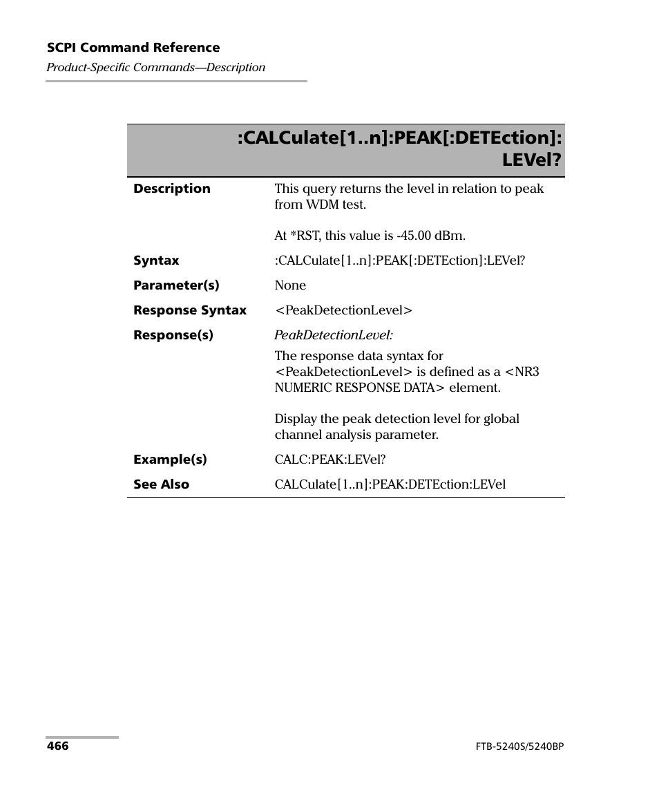 Calculate[1..n]:peak[:detection]: level | EXFO FTB -5240S/5240BP Optical Spectrum Analyzer for FTB 500 (NS-1434) User Manual | Page 474 / 537