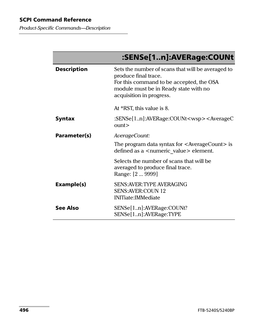 Sense[1..n]:average:count | EXFO FTB -5240S/5240BP Optical Spectrum Analyzer for FTB 500 (NS-1434) User Manual | Page 504 / 537