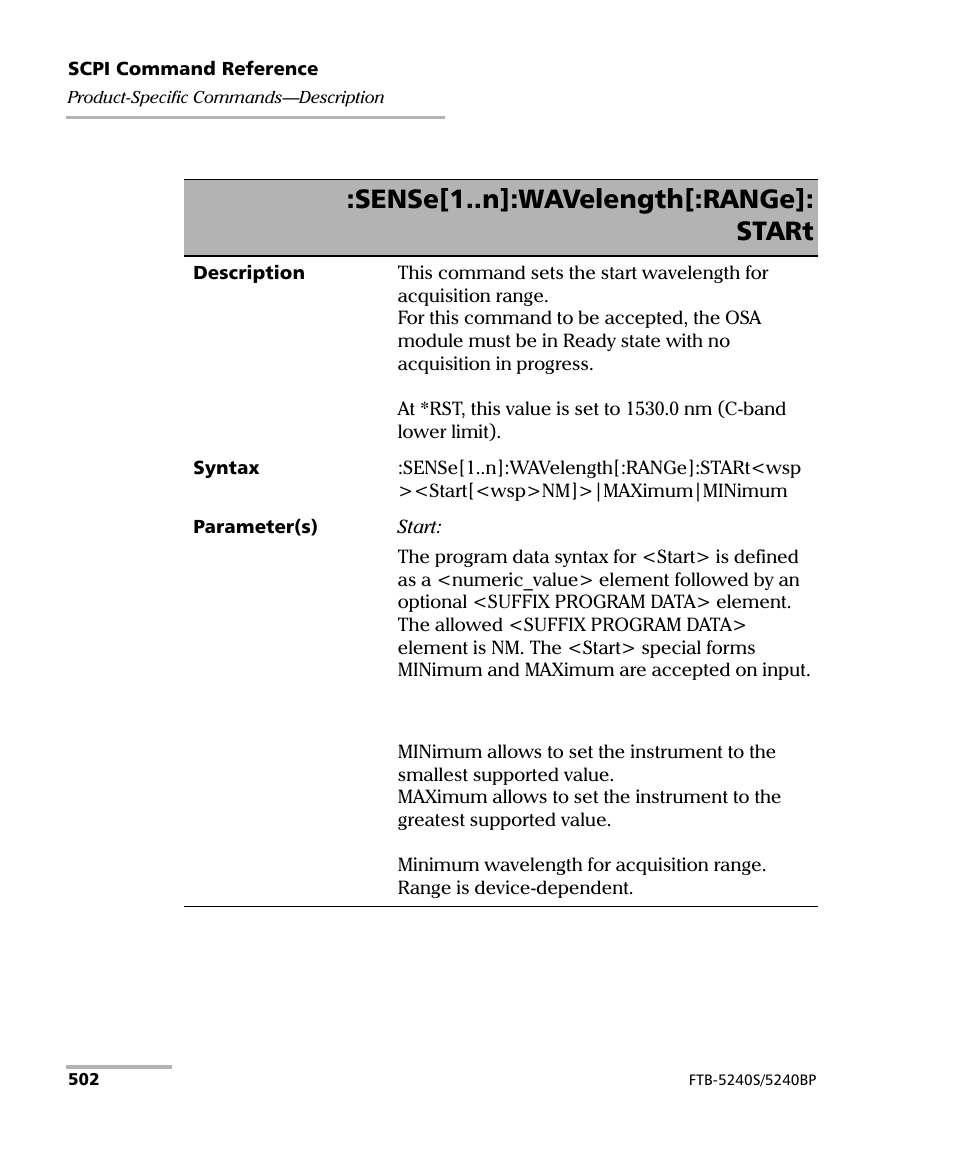 Sense[1..n]:wavelength[:range]: start | EXFO FTB -5240S/5240BP Optical Spectrum Analyzer for FTB 500 (NS-1434) User Manual | Page 510 / 537