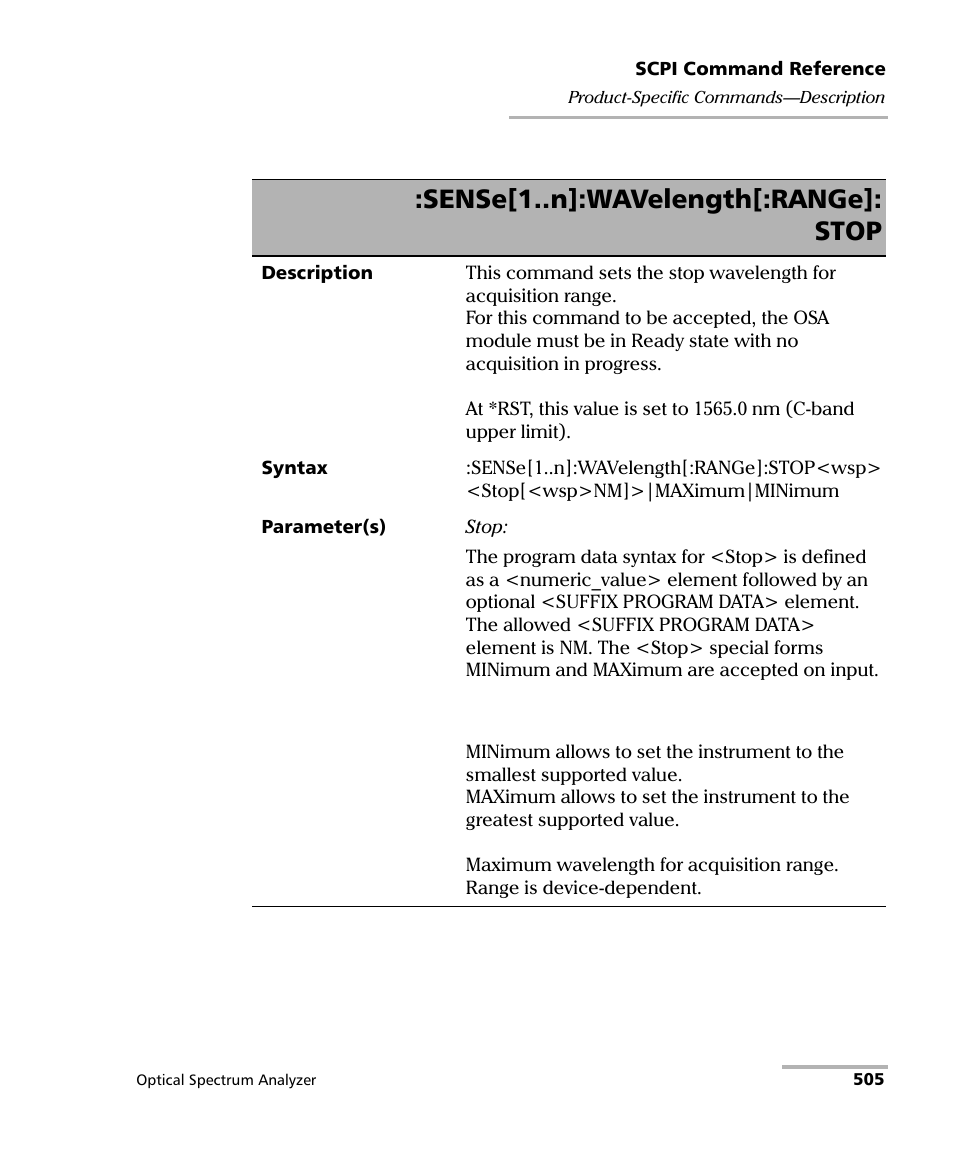 Sense[1..n]:wavelength[:range]: stop | EXFO FTB -5240S/5240BP Optical Spectrum Analyzer for FTB 500 (NS-1434) User Manual | Page 513 / 537