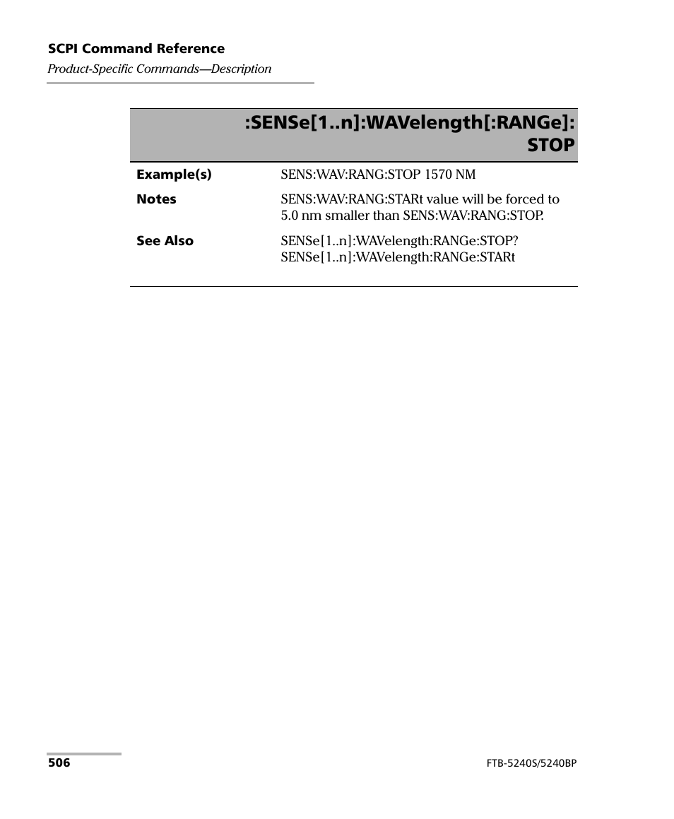 Sense[1..n]:wavelength[:range]: stop | EXFO FTB -5240S/5240BP Optical Spectrum Analyzer for FTB 500 (NS-1434) User Manual | Page 514 / 537