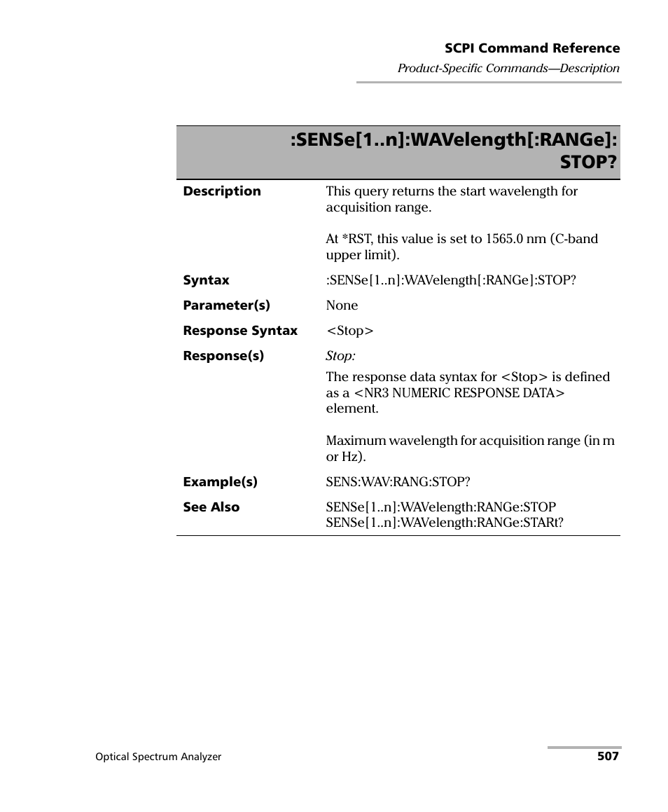 Sense[1..n]:wavelength[:range]: stop | EXFO FTB -5240S/5240BP Optical Spectrum Analyzer for FTB 500 (NS-1434) User Manual | Page 515 / 537