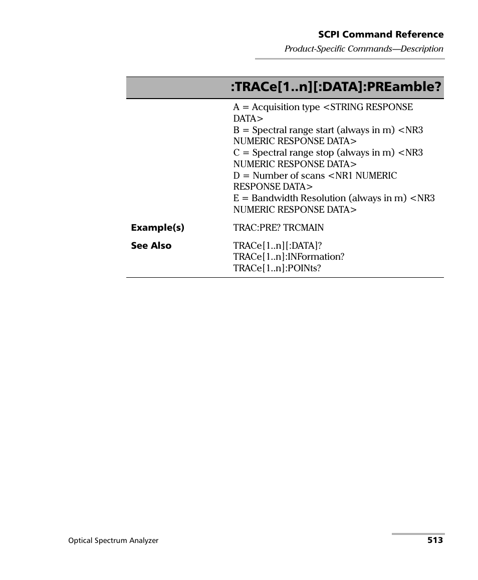 Trace[1..n][:data]:preamble | EXFO FTB -5240S/5240BP Optical Spectrum Analyzer for FTB 500 (NS-1434) User Manual | Page 521 / 537