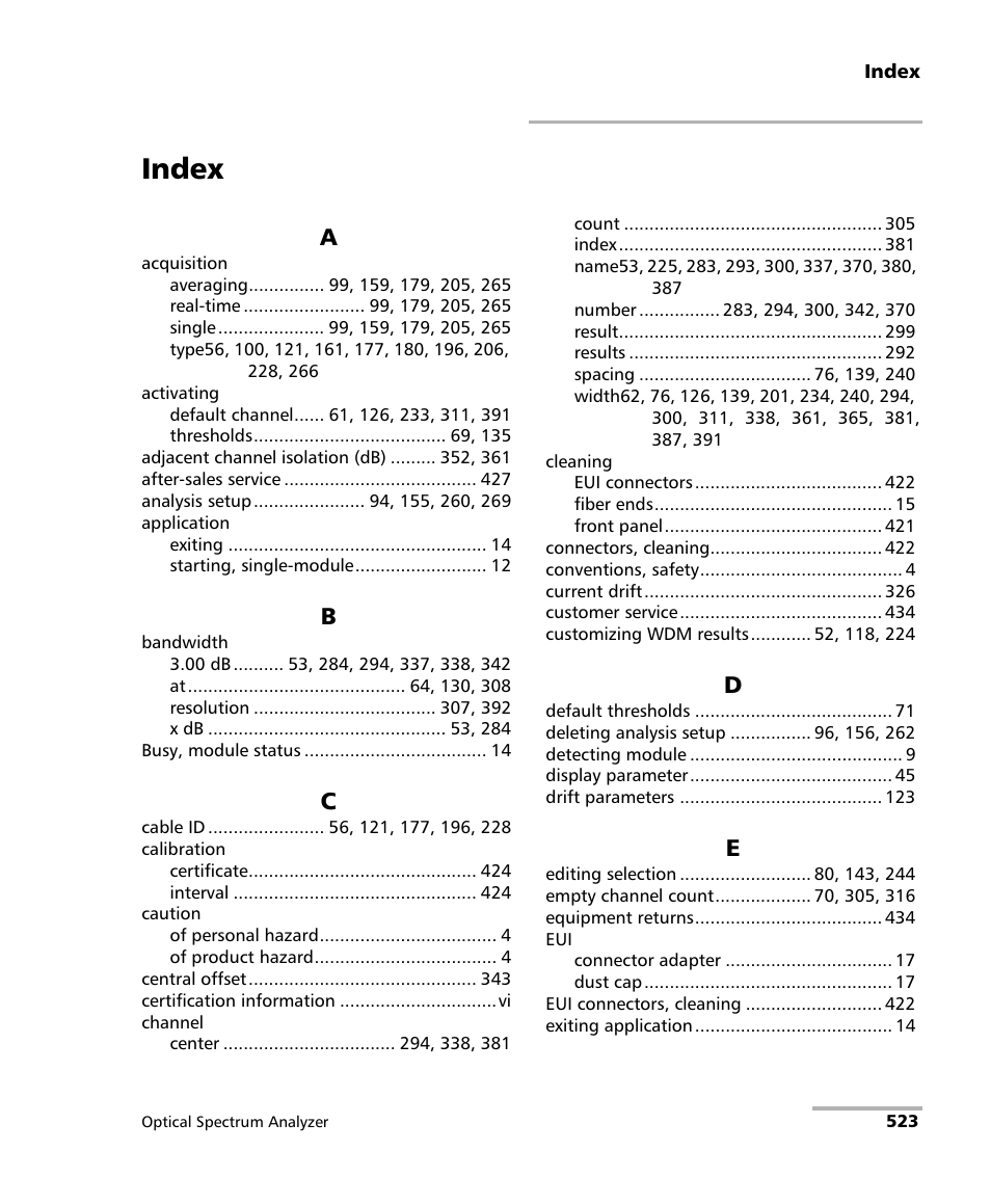 Index | EXFO FTB -5240S/5240BP Optical Spectrum Analyzer for FTB 500 (NS-1434) User Manual | Page 531 / 537