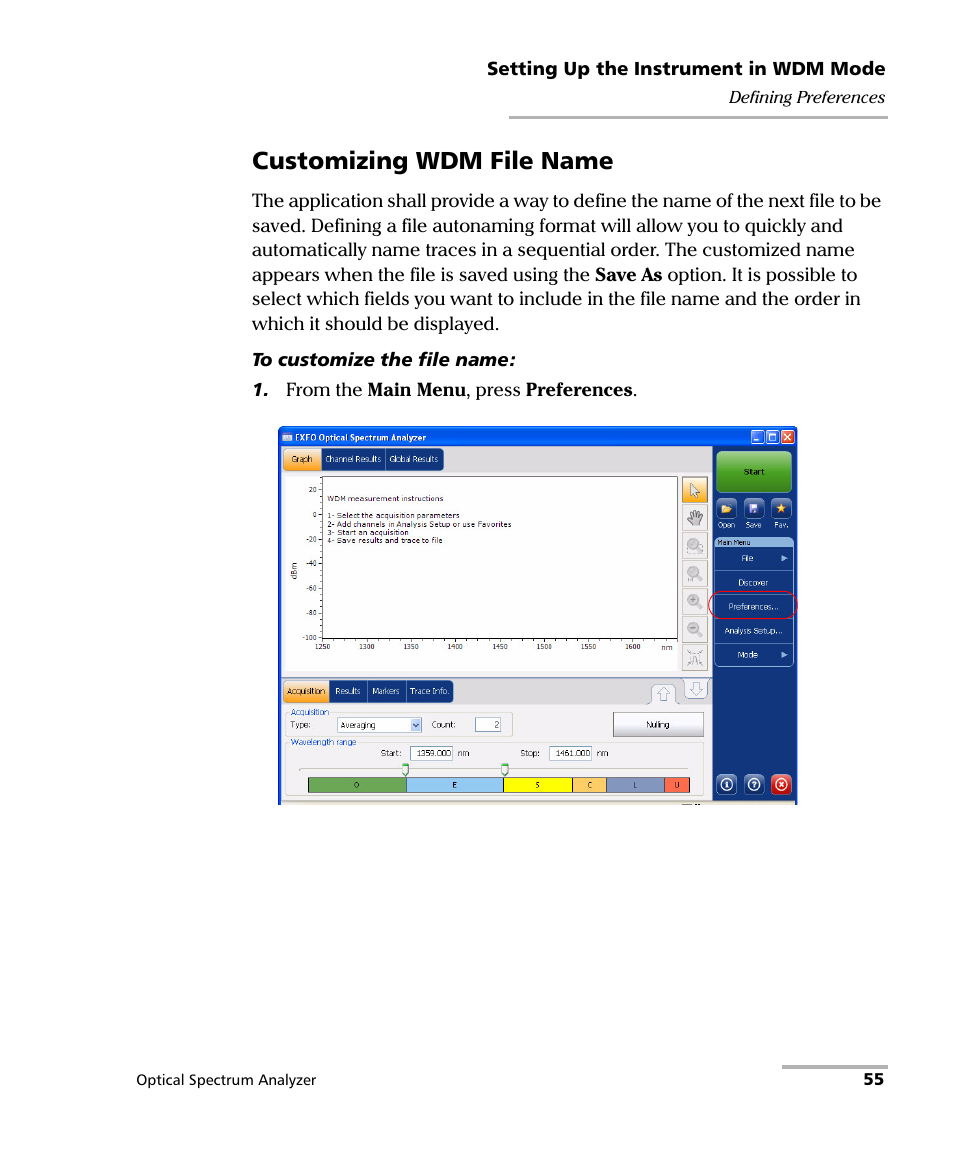 Customizing wdm file name | EXFO FTB -5240S/5240BP Optical Spectrum Analyzer for FTB 500 (NS-1434) User Manual | Page 63 / 537