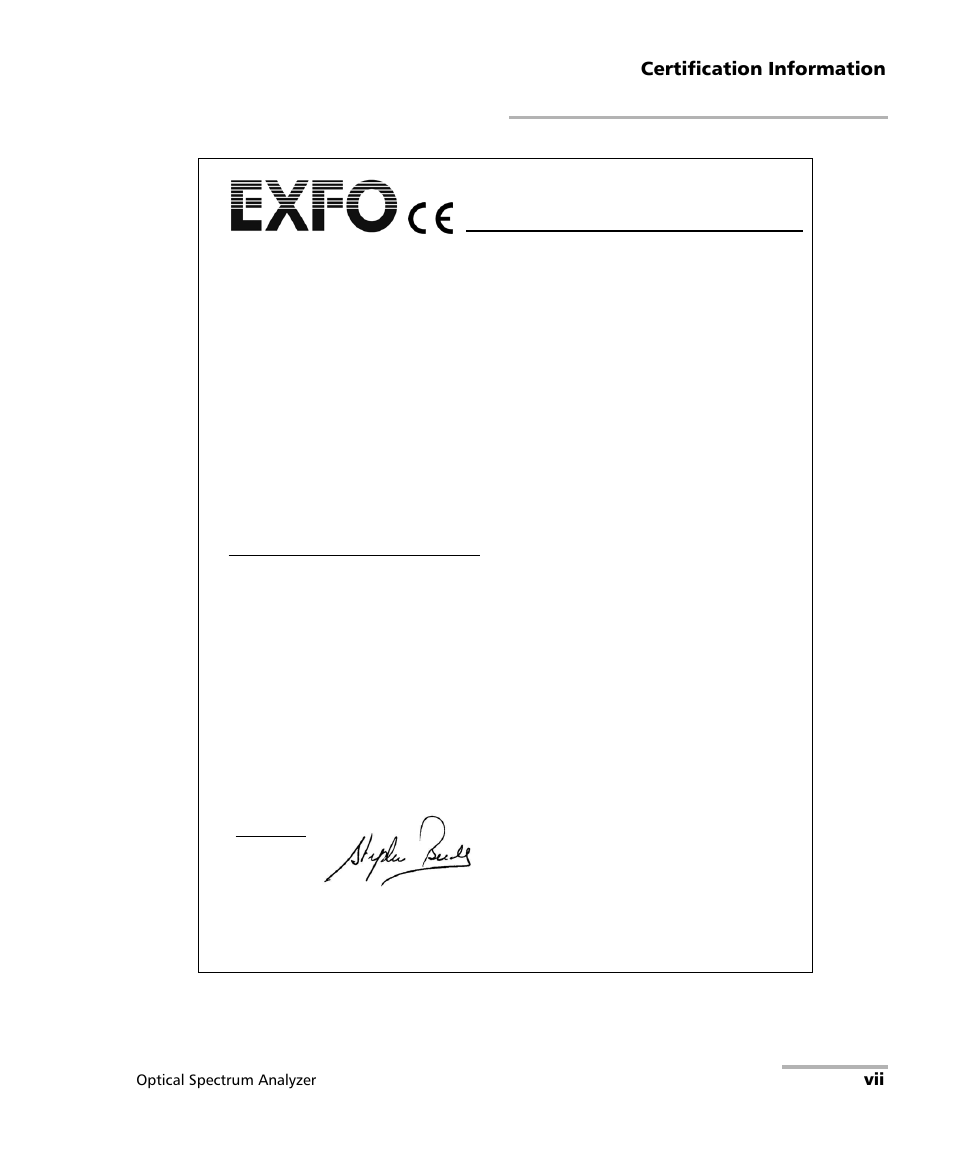 Declaration of conformity, Certification information, Optical spectrum analyzer | EXFO FTB -5240S/5240BP Optical Spectrum Analyzer for FTB 500 (NS-1434) User Manual | Page 7 / 537
