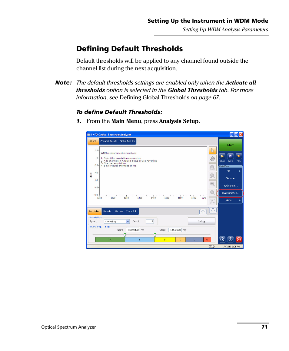 Defining default thresholds | EXFO FTB -5240S/5240BP Optical Spectrum Analyzer for FTB 500 (NS-1434) User Manual | Page 79 / 537