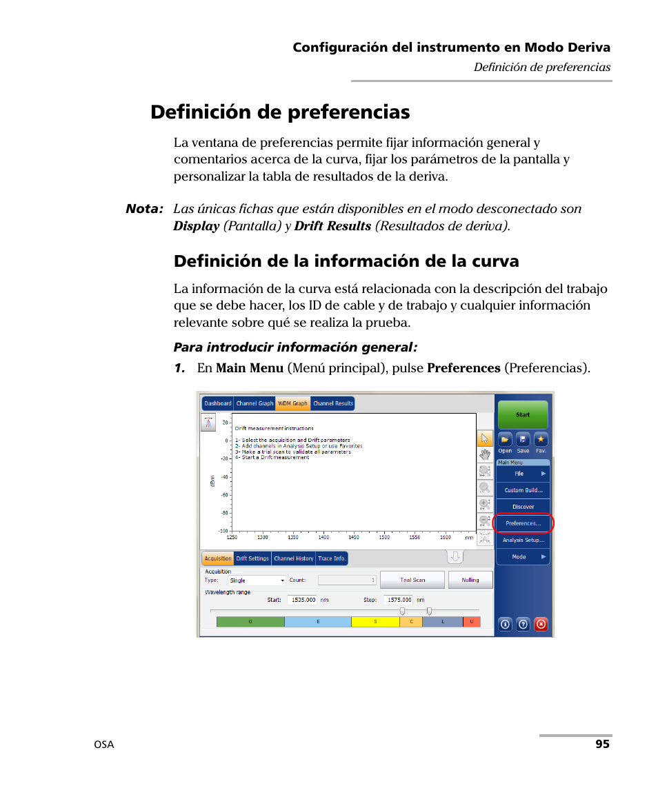 Definición de preferencias, Definición de la información de la curva | EXFO FTB-5230S Optical Spectrum Analyzer for FTB 200 v2 User Manual | Page 101 / 659
