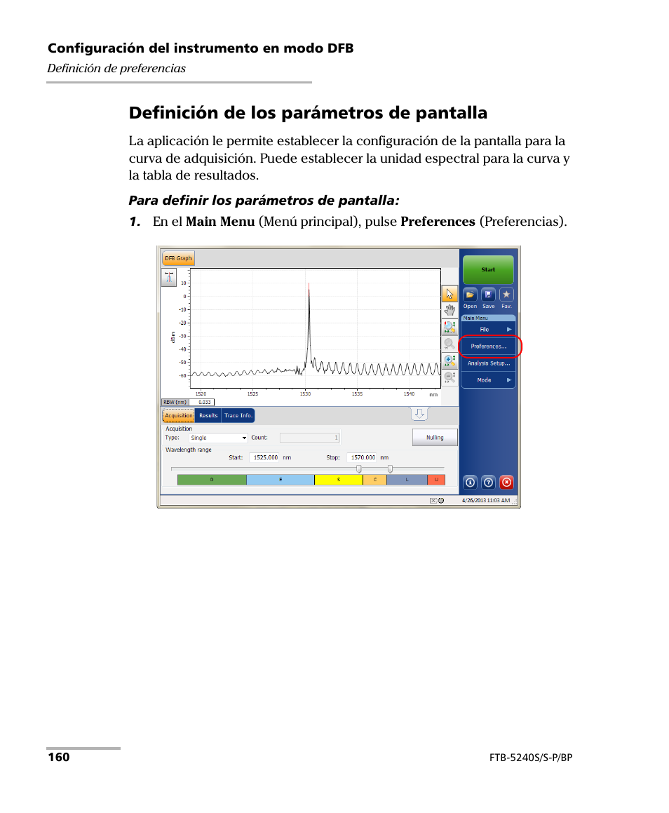 Definición de los parámetros de pantalla | EXFO FTB-5230S Optical Spectrum Analyzer for FTB 200 v2 User Manual | Page 166 / 659